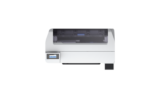 Epson SureColor SC-F500 sublimation printer viewed from above, showing media feed and touchscreen