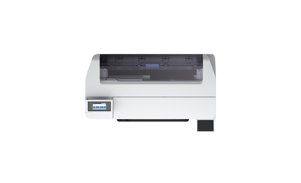 Epson SureColor SC-F500 sublimation printer viewed from above, showing media feed and touchscreen