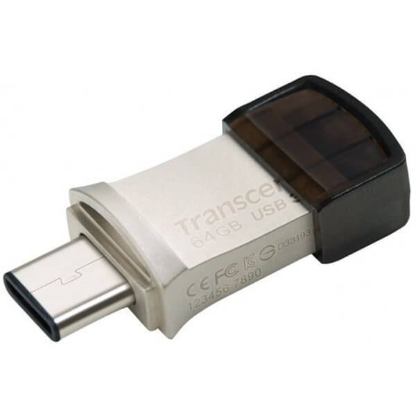 Transcend JetFlash 890 64GB OTG USB Flash Drive – Silver (TS64GJF890S) — front view