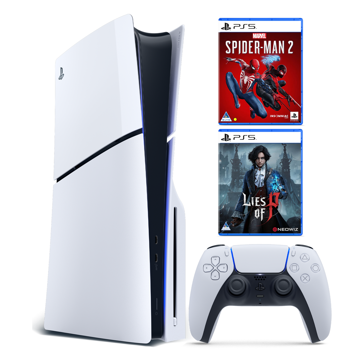 PS5 Slim Disc E + Marvel Spiderman 2 & Lies Of P Console Bundle gallery image 1