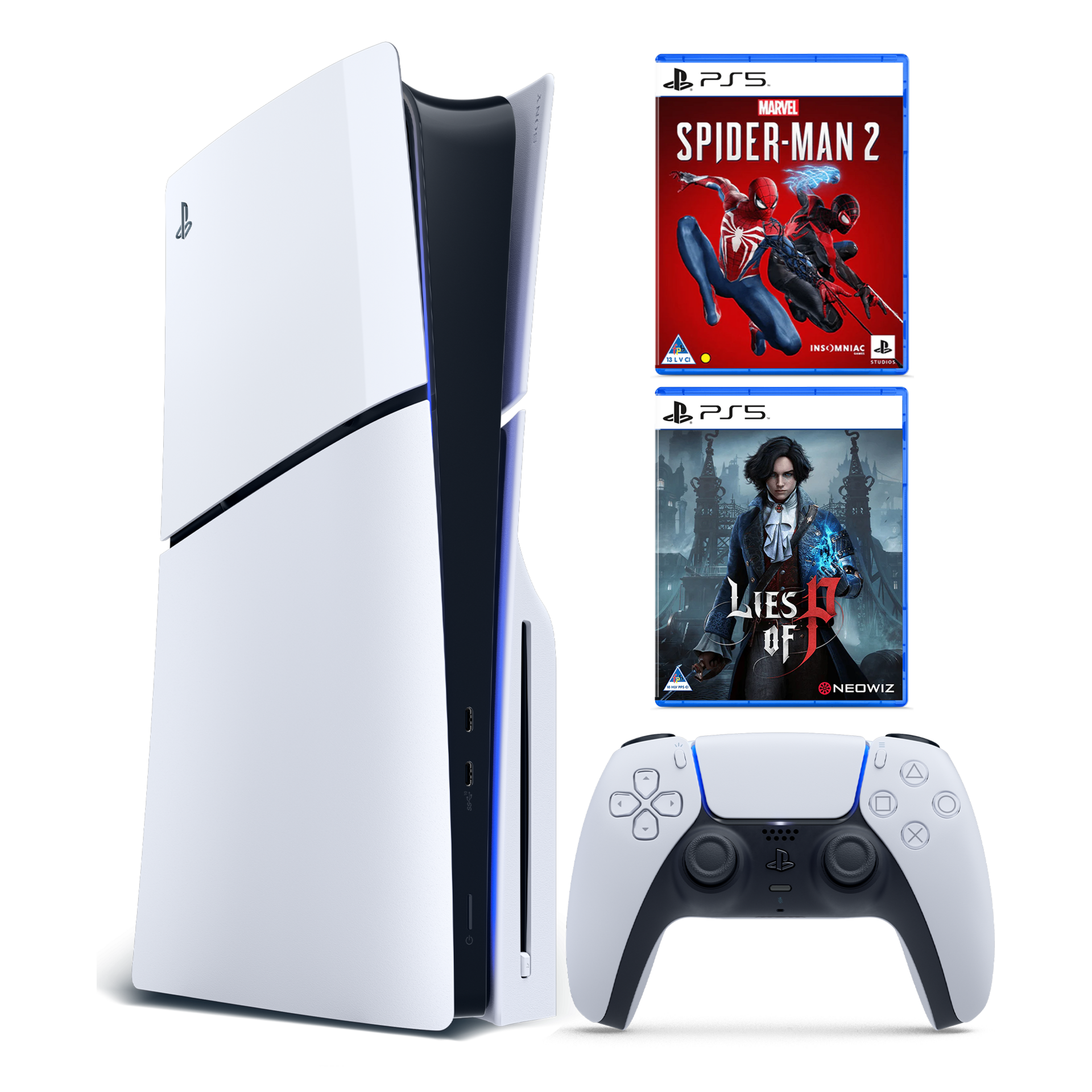 PS5 Slim Disc E + Marvel Spiderman 2 & Lies Of P Console Bundle gallery image 1