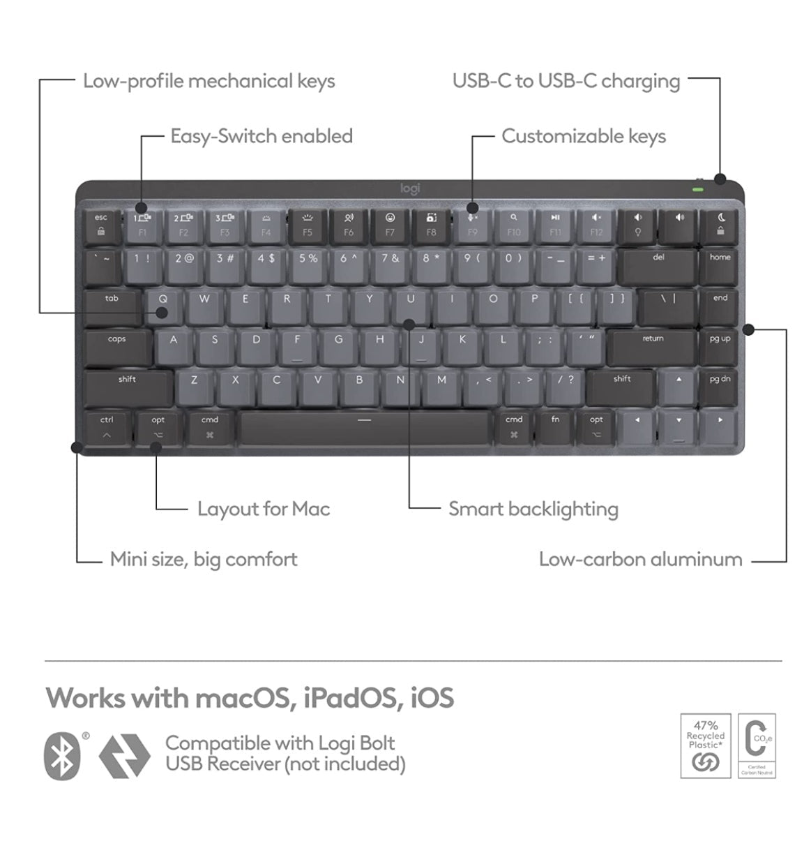 Logitech Mx Mechanical Mini Wireless Keyboard Tactile/Quiet Mac Edition Space Gray product image 6