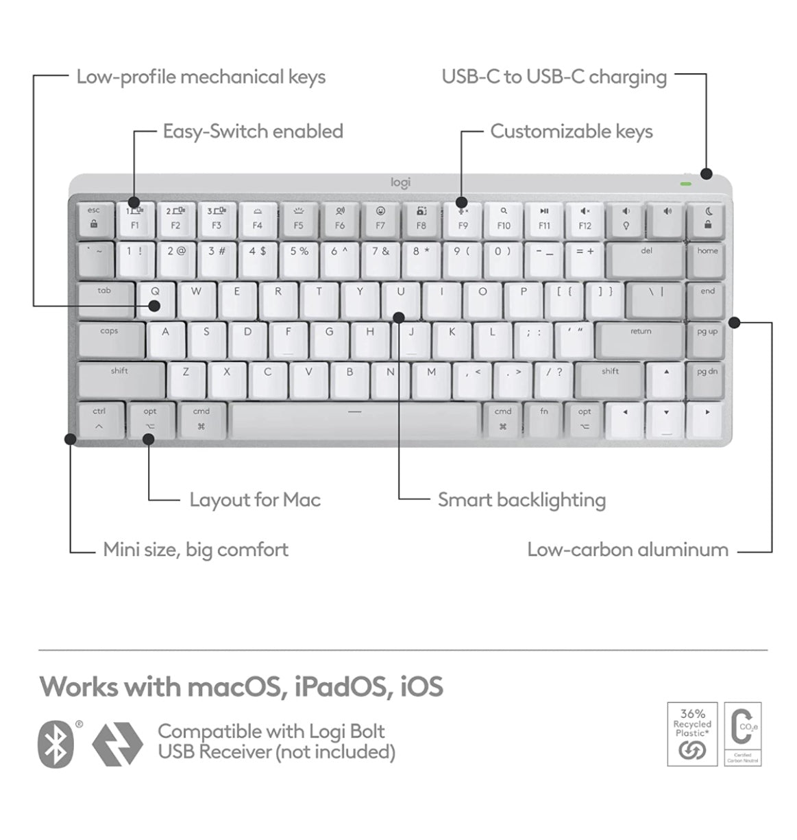 Logitech Mx Mechanical Mini Wireless Keyboard Tactile/Quiet Mac Edition Pale Gray product image 6