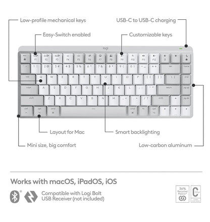 Logitech Mx Mechanical Mini Wireless Keyboard Tactile/Quiet Mac Edition Pale Gray — in use