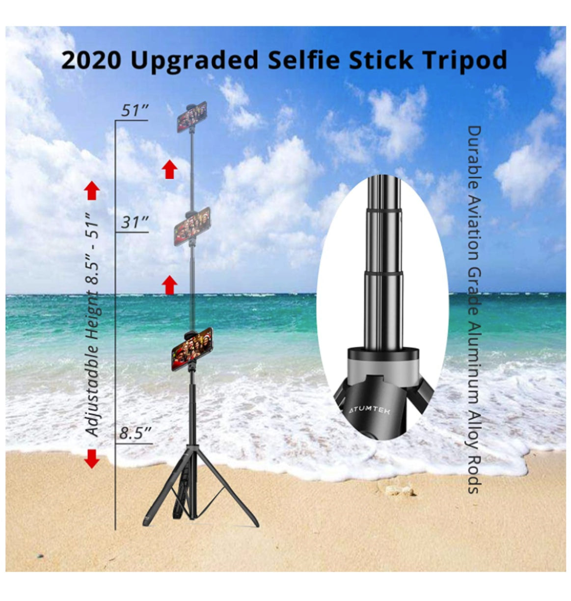 Atumtek Tripod Selfie Stick 51" With Bluetooth Remote Black product image 8
