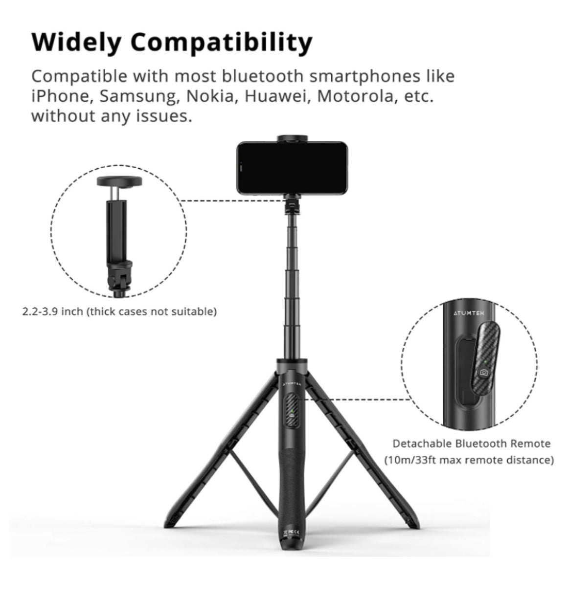 Atumtek Tripod Selfie Stick 51" With Bluetooth Remote Black product image 4
