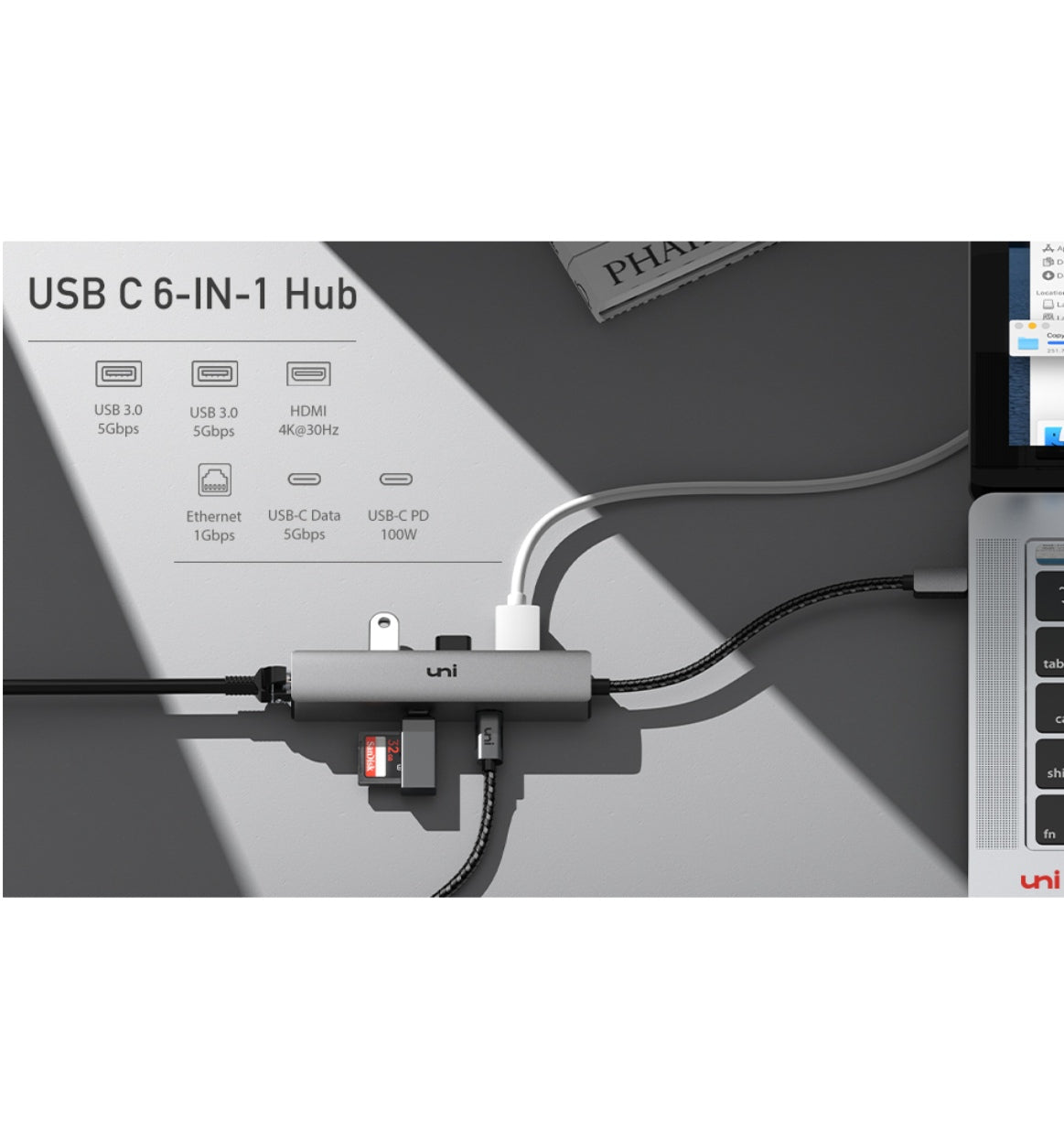 Uni USB-C 6in1 Multi Port Pd/Hdmi/Ethernet/USB/USB-C Hub product image 9