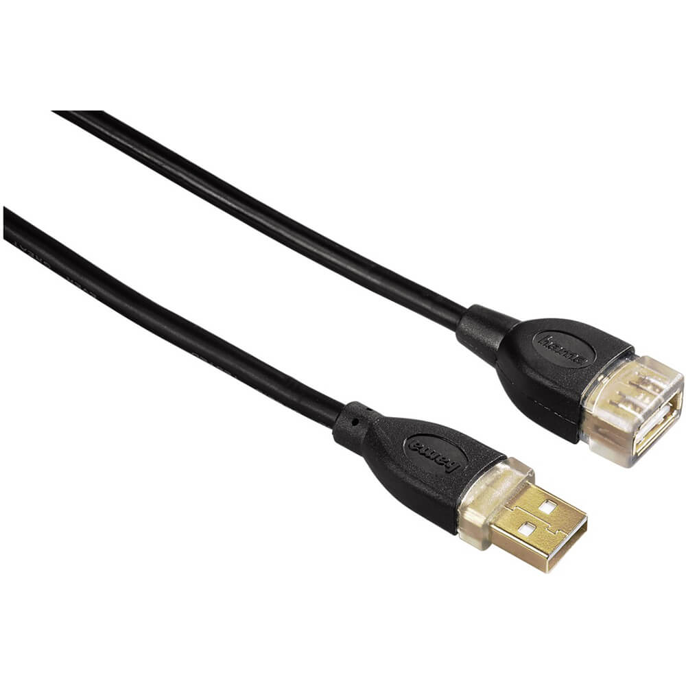 Hama USB 2.0 Extension Cable, gold-plated, double shielded, 3.00 m, black Cable (78449) — front view