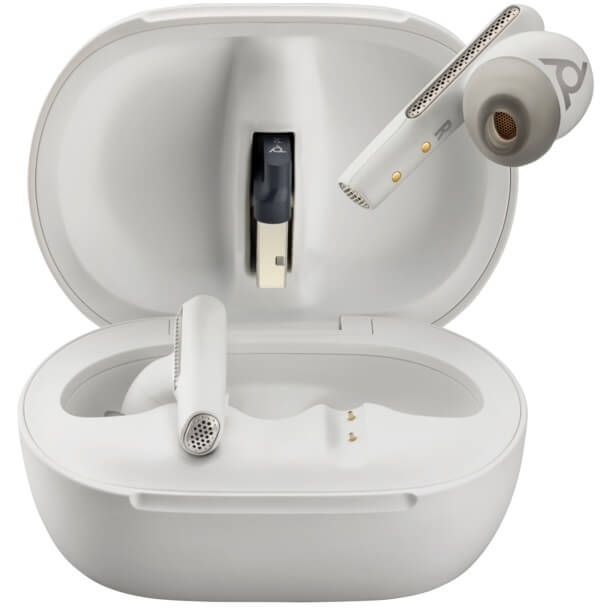 Poly Voyager Free 60+ UC M Earbuds + BT700 USB-C Adapter + Touchscreen Charge Case – White Sand (7Y8G8AA)