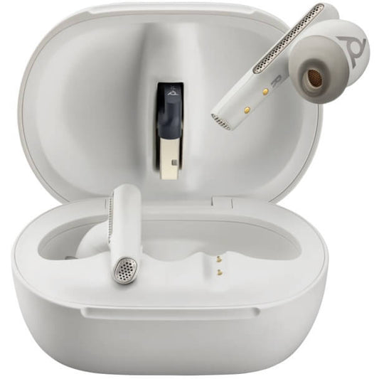 Poly Voyager Free 60+ UC M Earbuds + BT700 USB-C Adapter + Touchscreen Charge Case – White Sand (7Y8G8AA) image 1