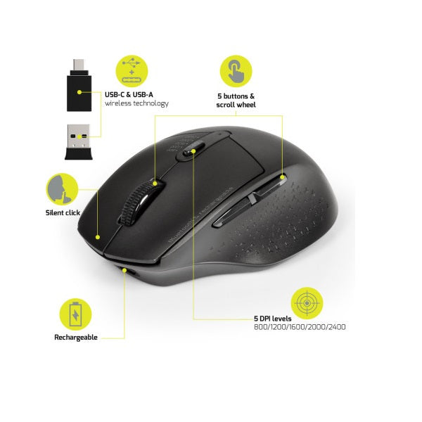 Port Connect Pro 2.4GHz Wireless Bluetooth Rechargeable Mouse – Black (900715) — side view