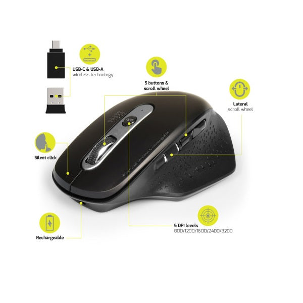 Port Connect Wireless 2.4GHz Bluetooth Rechargeable Executive Mouse (900716) — side view