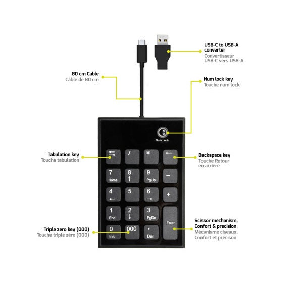 Port Connect Wired USB-C & USB-A Numeric Keypad (900801) — front view