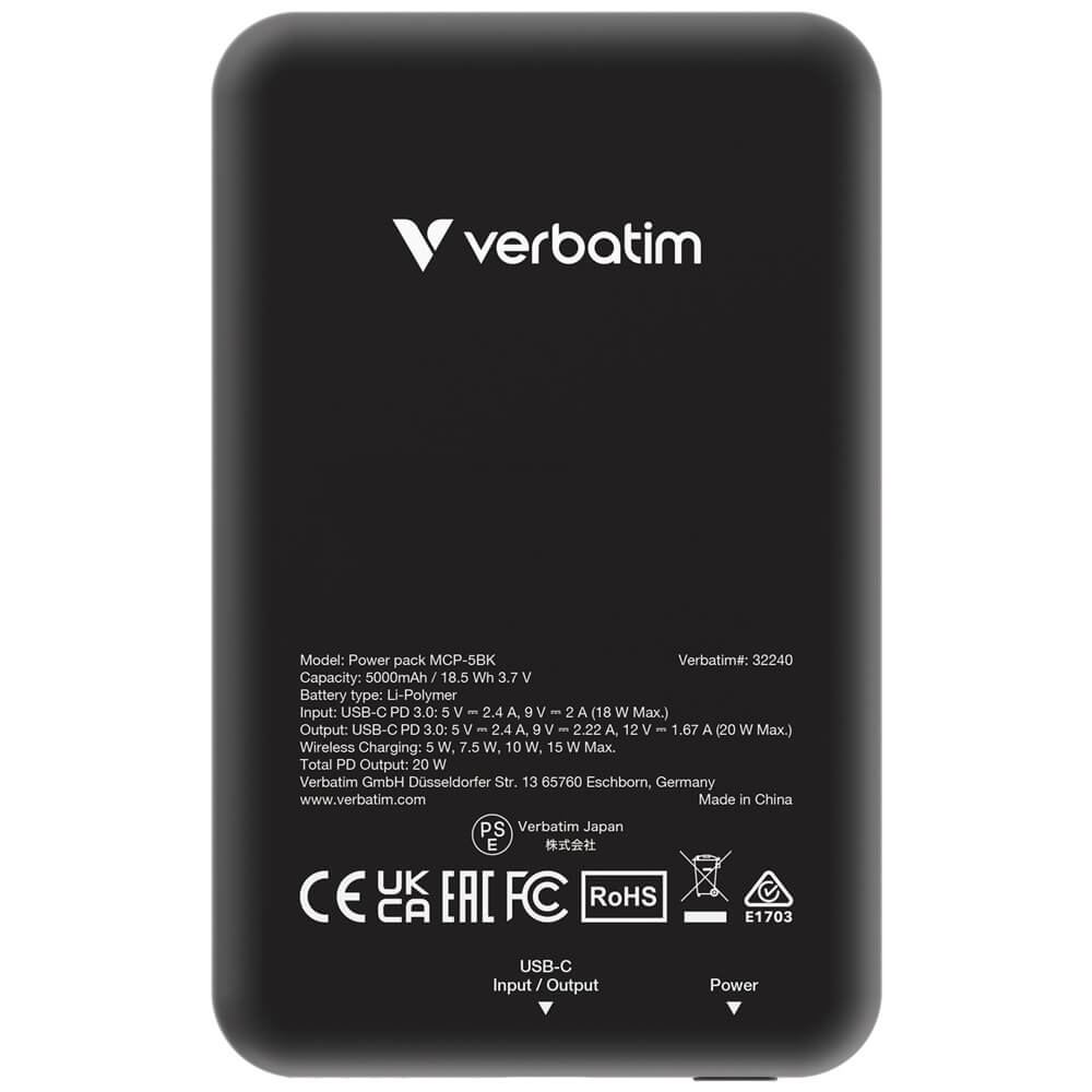 Verbatim Charge ‘n’ Go 5000mAh Magnetic Wireless Charging Powerbank – Black (32240) — rear view