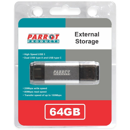 Parrot 64GB USB 3 Type A + USB C Flash Drive (XT0064) — side view
