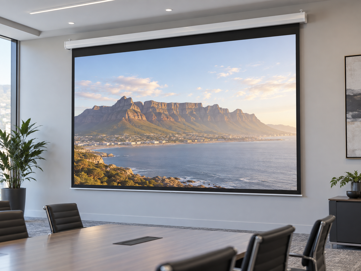 JK E10196 196-inch electric projector screen 16:10 in a conference room