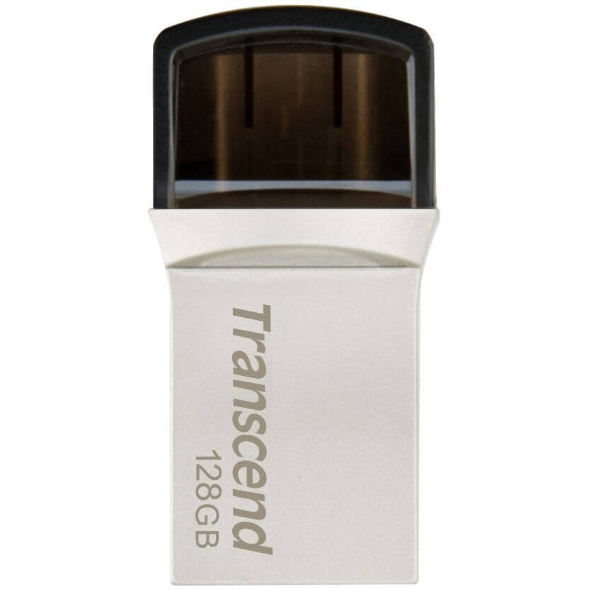 Transcend JetFlash 890 128GB OTG USB Flash Drive – Silver (TS128GJF890S) — front view