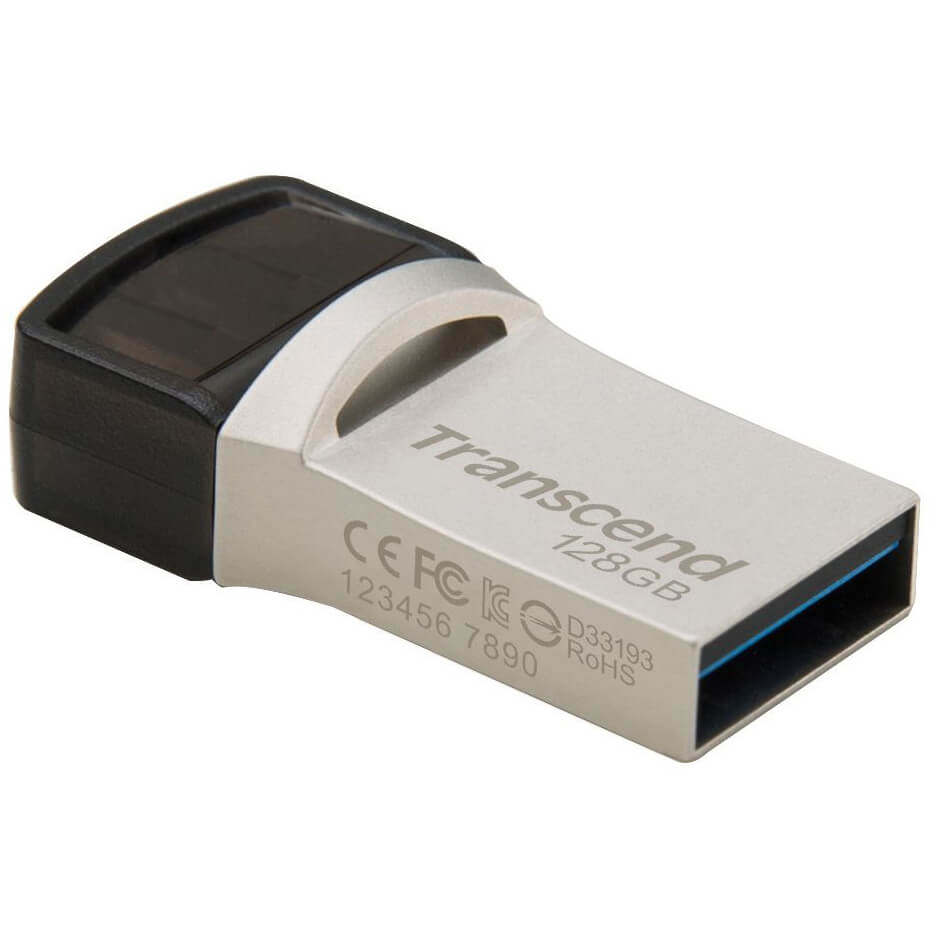 Transcend JetFlash 890 128GB OTG USB Flash Drive – Silver (TS128GJF890S) — side view