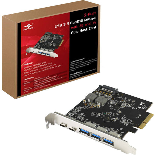 Vantec 5-Port USB 3.2 Gen2 x 2 (20Gbps) With 2 x USB C & 3 x USB A PCIe x 4 Controller Card (VANTEC UGT-PC3A2C) image 1